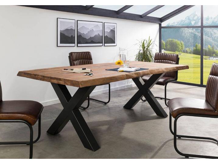 Baumtisch Sheesham 260x100x77 grau gebeizt / X-Beine anthrazit matt FREEFORM 5 von MASSIVMOEBEL24