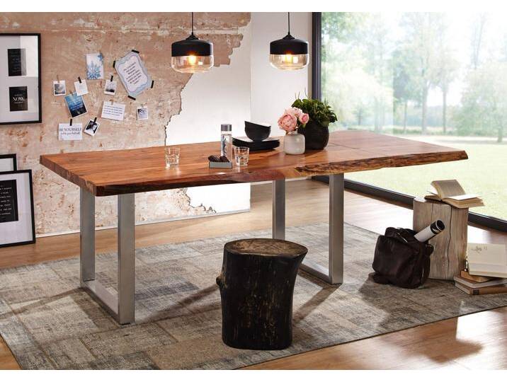 Baumtisch mit Ansteckplatte Akazie 180-240x100x78cm walnuss lackiert FREEFORM 2 #23 von MASSIVMOEBEL24