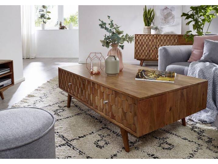 Couchtisch Akazie 120x70x40 natur lackiert MOSAYK #103, mit zwei Schubkästen, Retro-Optik, Boho-Stil von MASSIVMOEBEL24