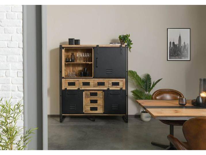 Highboard Mango 140x45x160 natur klar lackiert / Metall schwarz BLACKBURN #557 Highboard Mango 140x45x160 natur klar lackiert / Metall schwarz BLACKBURN #557 von MASSIVMOEBEL24