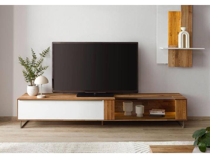 Lowboard Wildeiche 235x43x42 natur geölt / Glas weiß WIEN #113 von MASSIVMOEBEL24