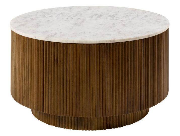 Massivmoebel24 Couchtisch BARCELONA (rund Mango 80x80x45 braun lackiert / Marmor weiß BARCELONA #220), braun von MASSIVMOEBEL24