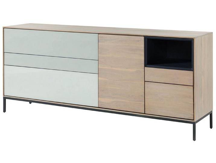 Massivmoebel24 Sideboard (Sideboard Akazie 200x45x85 grau-weiß geölt CHICAGO #05), braun, Massivholz Stahl MDF Glas  von MASSIVMOEBEL24