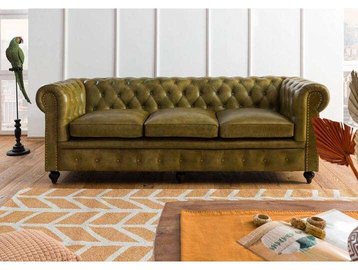 Sofa 3-Sitzer Echtleder 216x82x75 grün CHESTERFIELD #303 von MASSIVMOEBEL24