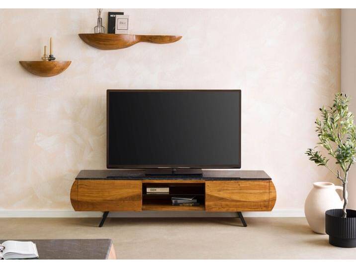 TV-Board Akazie 184x40x45 natur lackiert / Marmor schwarz MONTREAL #121 von MASSIVMOEBEL24