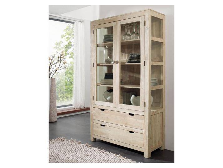 Vitrine Akazie 110x45x200 white stone getüncht  NATURE WHITE #65 von MASSIVMOEBEL24