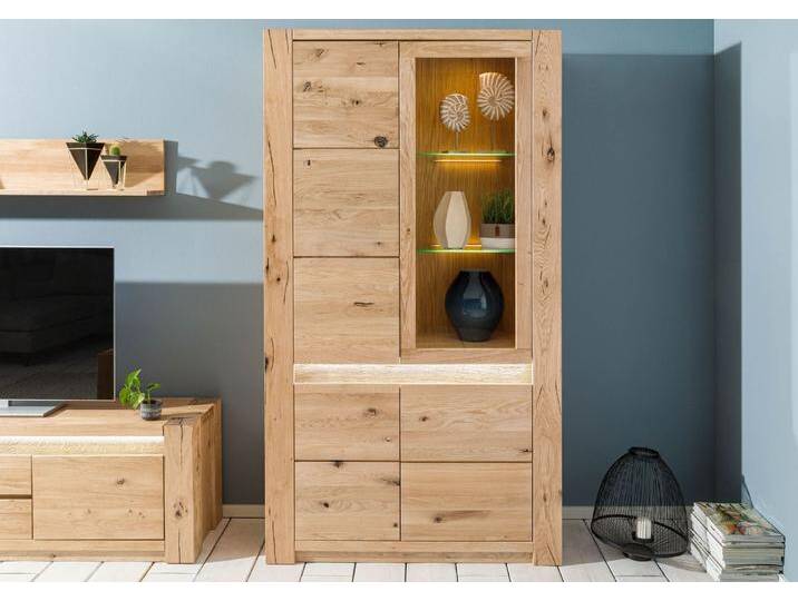 Vitrine Wildeiche 113x40x205 beige geölt KENT #202 von MASSIVMOEBEL24