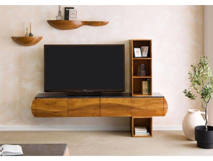 Wohnwand Akazie 204x40x145 natur lackiert / Marmor schwarz MONTREAL #140 von MASSIVMOEBEL24