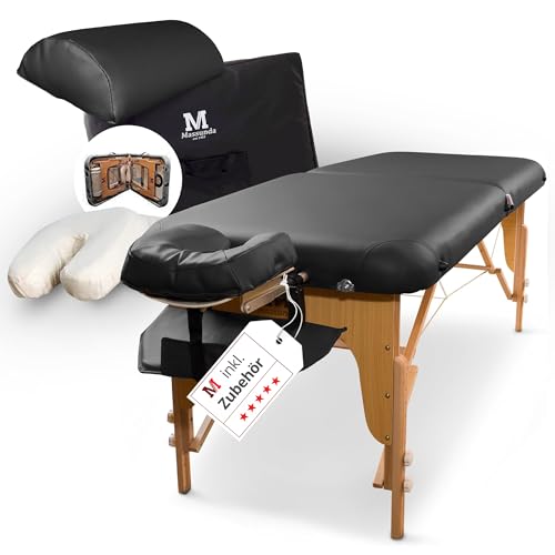 MASSUNDA – Mobile Comfort Deluxe Massageliege klappbar & höhenverstellbar – EXTRA breiter Massagetisch aus Vollholz – Massagebank mit ergonomischer Kopfstütze, Bezug, Armlehne, Kissen (Schwarz) von MASSUNDA