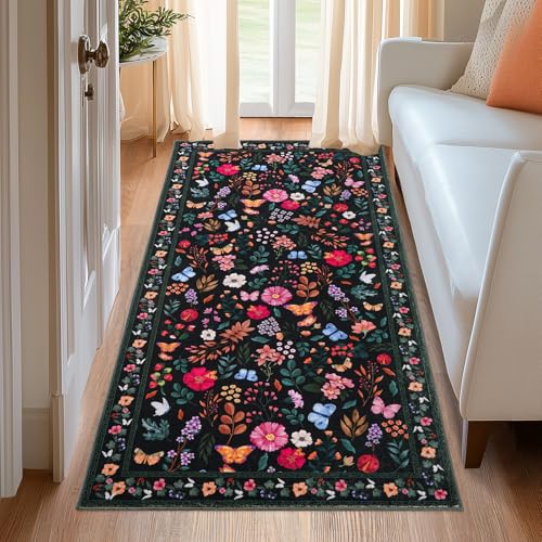 MAST DOO Teppich Läufer Flur 80x150cm, Boho Teppich Küche Waschbare Kurzflor rutschfest Blumen Design Teppiche, Küchenläufer für Korridor, Esszimmer, Schlafzimmer, Wohnzimmer, Schwarz von MAST DOO