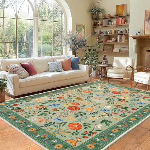 MAST DOO Teppich Wohnzimmer 160x230cm, Boho Kurzflor Teppich Waschbarer, Schlafzimmer Wohnzimmer Teppiche Großer Waschbar rutschfest Blumen Design für Esszimmer Büro Bereich Dekor, Grüne von MAST DOO