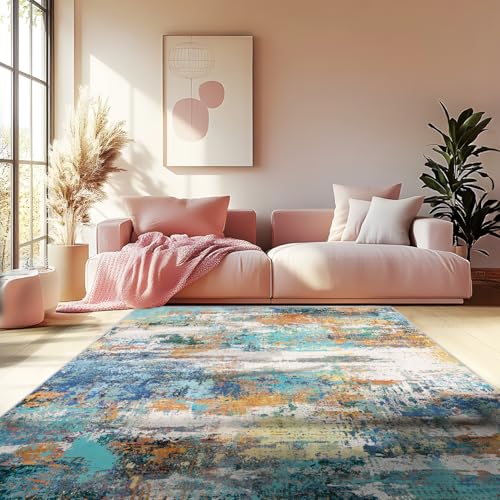 MAST DOO Teppich Wohnzimmer Waschbarer, Moderner Kurzflor Teppich Großer, Abstrakte Schlafzimmer Teppiche Waschbar rutschfest Design für Esszimmer Büro Bereich Dekor Bunt Größe 140x200cm von MAST DOO