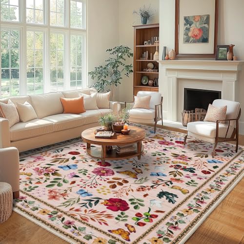 MAST DOO Teppich Wohnzimmer Waschbarer 140x200cm, Boho Blumen Kurzflor Wohnzimmerteppich Groß Teppich für Esszimmer Schlafzimmer Büro, Waschbar rutschfest Teppiche Blumen Design Carpet, Rosa von MAST DOO
