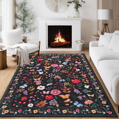 MAST DOO Teppich Wohnzimmer Waschbarer 140x200cm, Boho Blumen Kurzflor Wohnzimmerteppich Groß Teppich für Esszimmer Schlafzimmer Büro, Waschbar rutschfest Teppiche Blumen Design Carpet, Schwarz MAST DOO Teppich Wohnzimmer Waschbarer 140x200cm, Boho Blumen Kurzflor Wohnzimmerteppich Groß Teppich für Esszimmer Schlafzimmer Büro, Waschbar rutschfest Teppiche Blumen Design Carpet, Schwarz von MAST DOO