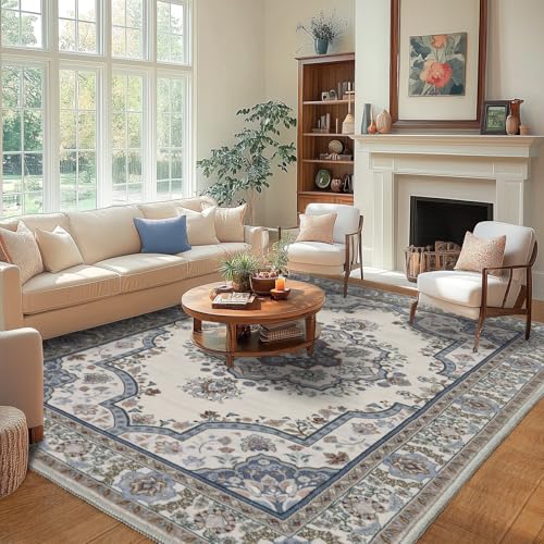 Teppich Wohnzimmer Waschbarer 140x200cm, Boho Blumen Kurzflor Wohnzimmerteppich Groß Teppich für Esszimmer Schlafzimmer Büro, Waschbar rutschfest Teppiche Orientalischer Vintage Design, Blau-weiß Teppich Wohnzimmer Waschbarer 140x200cm, Boho Blumen Kurzflor Wohnzimmerteppich Groß Teppich für Esszimmer Schlafzimmer Büro, Waschbar rutschfest Teppiche Orientalischer Vintage Design, Blau-weiß von MAST DOO