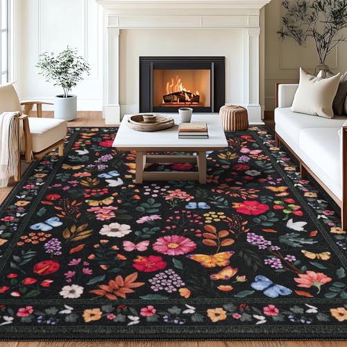Waschbarer Teppich Wohnzimmer 200x300cm, Boho Blumen Teppiche Kurzflor Schlafzimmer, Teppich Retro Akzent Blumen Design Werfen Großer Teppiche für Büro Esszimmer Kinderzimmer Wohnzimmer, Schwarz von MAST DOO