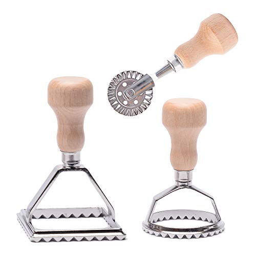 MASTER FENG Ravioli MF-146 Stempelformer, Ausstechform mit Rollrad, Form mit Holzgriff und geriffeltem Rand, Nudelpresse Küchenaufsatz von MASTER FENG