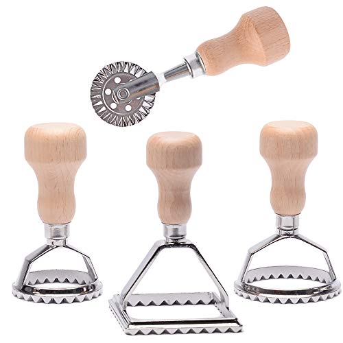 MASTER FENG Ravioli Ausstecher Former, Teigtaschenrad Former mit Holzgriff und Geriffelter Kante Pasta Nudel Press Kitchen Attachmen - 4er Set von MASTER FENG