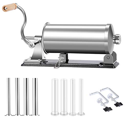 MASTER FENG Wurstfüller, Horizontale Küche Aluminium Wurstfüllmaschine mit Saugfuß Verpackt 8 Größe Professionelle Wurstfüllrohre für Hausgemachte (6LBS / 3.5 L (Horizontal)) von MASTER FENG