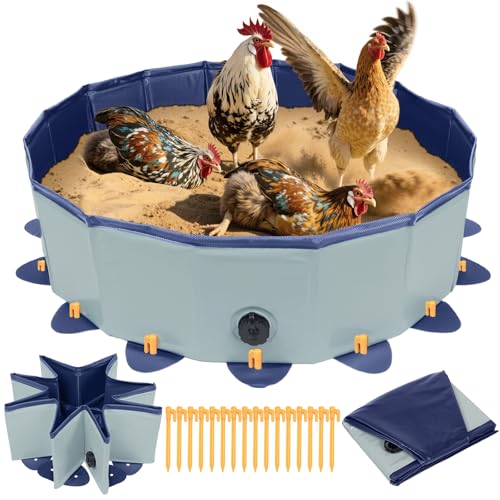 Staubbad für Hühner Wanne Hühnersandbad, Ø 80 cm × H 20 cm Hühnerstaubbad-Sandbadewanne Mit 16 Erdankern, Faltbarem Design und Robustem PVC, Sandbad für Hühner, Behälter für Hühnerstall-Kalk von MASTERFUN