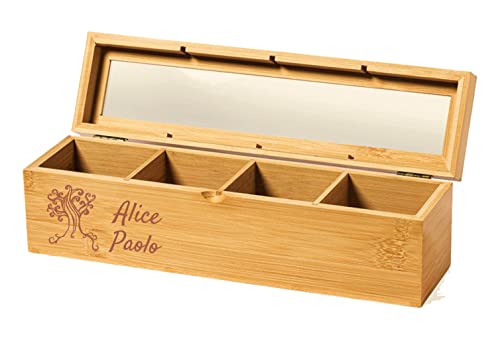 MASTERLASER3.0 Personalisierte Teebeutel und Infusionsbox. Aus Bambus mit Deckel und Glaseinsatz. Anpassbar mit unterschiedlichem Namen, Datum und Schriftart. Beste Geschenkidee von MASTERLASER3.0