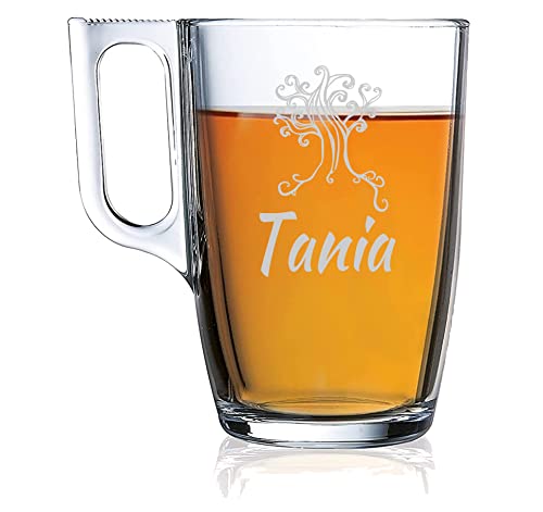 Personalisierte Teetasse. Teebecher aus gehärtetem Glas. Anpassbar mit unterschiedlichem Namen, Datum und Schriftart von MASTERLASER3.0