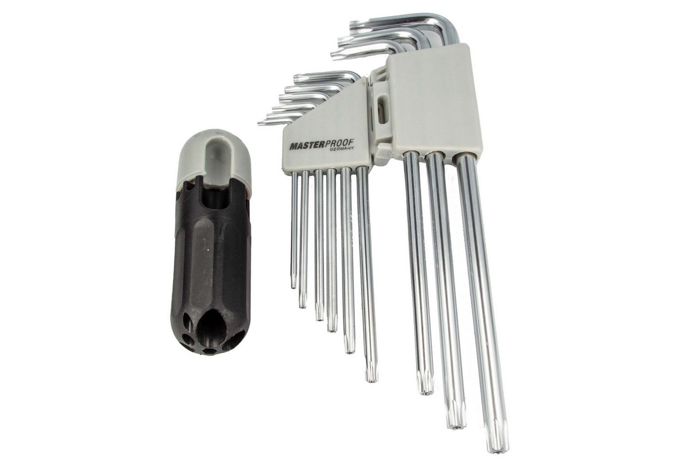 MASTERPROOF PROFESIONAL Steckschlüssel TRX Stiftschlüsselsatz 9-tlg. T10 15 20 25 27 30 40 45 50 mit T-Halter MASTERPROOF PROFESIONAL Steckschlüssel TRX Stiftschlüsselsatz 9-tlg. T10 15 20 25 27 30 40 45 50 mit T-Halter von MASTERPROOF PROFESIONAL
