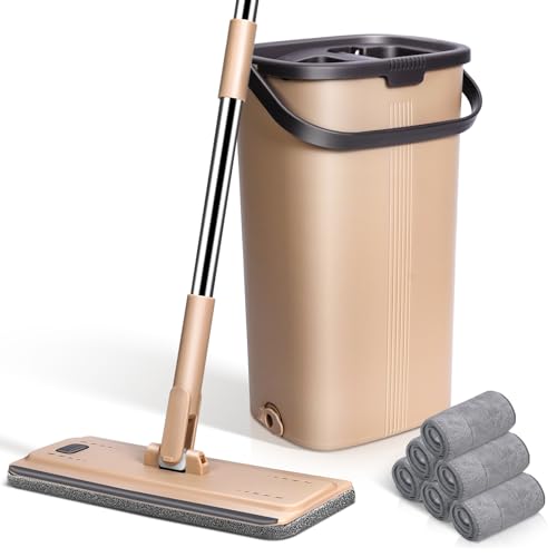 MASTERTOP Wischmopp Set mit Eimer, 2 in 1 Bodenwischer mit Einstellbar Edelstahlgriff und 6 Mikrofaser Moppkopf, Hand-Frei Wischmop & Putzeimer mit auswringfunktion für Hartholz Laminat Fliesen von MASTERTOP