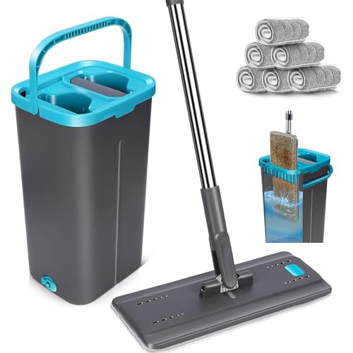 MASTERTOP Wischmopp Set mit Eimer, 2 in1 Bodenwischer mit Auswringfunktion für Nass-Trockennutzung, 141cm Flach Mopp Wischmop Set mit 6 Mikrofaser Pads für Alle Hartböden, Blau von MASTERTOP