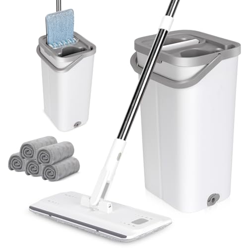 MASTERTOP Wischmopp Set mit Eimer, Bodenwischer Set mit 5 Mikrofaser Mopp Pads, 2 In 1 Putzeimer mit Wischmop, Wischer Boden mit Auswringfunktion für Alle Arten Böden (Weiß) von MASTERTOP
