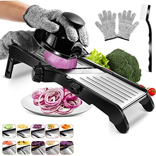 MASTERTOP Mandoline Gemüsehobel, 10 In1 Verstellbar Gemüseschneider Gurkenhobel für Kartoffelchip, Zwiebel, Edelstahl Küchenhobel Küchenreibe Gemüsereibe mit Anti-Schneid-Handschuhe+Reinigungsbürste von MASTERTOP