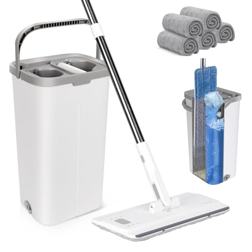 Wischmopp Set mit Eimer, MASTERTOP Bodenwischer Set mit Verstellbarer Griff und 5 Mikrofaser Wischpads, 2 in 1 Putzeimer and Wischmopp Set, Wischer mit Auswringfunktion für All Boden-Weiß von MASTERTOP