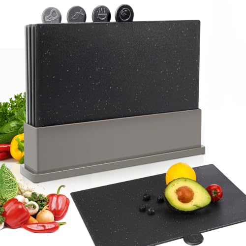 MASTERTOP Index Schneidebretter Set, 4er Schneidebrett Kunststoff Set mit Ständer, Groß Küchenbrett Schneidebretter Frühstücksbrettchen für Obst Heißes Fleisch Fisch Send 1 Schere von MASTERTOP