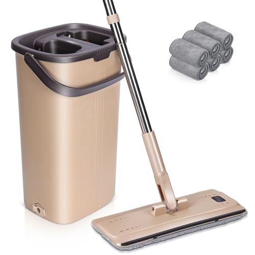 MASTERTOP Wischmopp Set mit Eimer, 138cm Flachmopp mit Edelstahlgriff und 6 Mikrofaser Moppkopf, Hand-Frei Bodenwischer mit Auswringfunktion für Hartholz Laminat Fliesen(Beige) von MASTERTOP