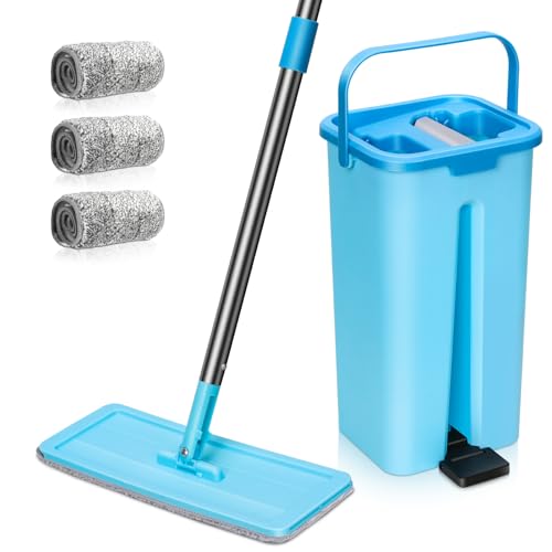 MASTERTOP Wischmopp Set mit Eimer, 2 in 1 Bodenwischer Flachmopp mit Edelstahlgriff und 6 Mikrofaser Moppkopf, Tragbarer Putzeimer Wischmopp mit Auswringfunktion für Hartholz Laminat Fliesen(Blau) von MASTERTOP