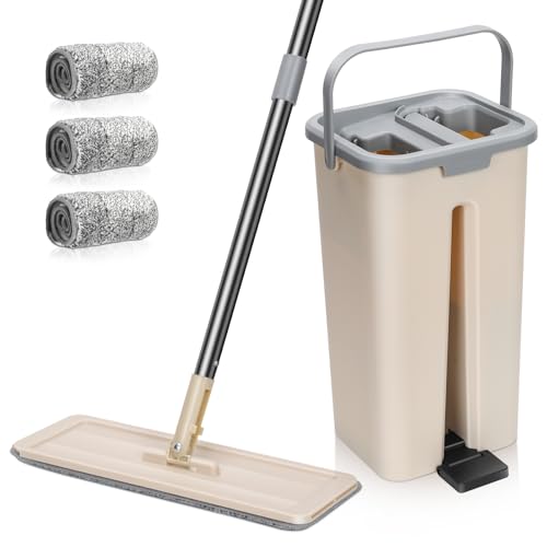MASTERTOP Wischmopp Set mit Eimer, Bodenwischer mit Edelstahlgriff und 3 Moppkopf, 2 in 1 Putzeimer Set mit Wischmopp, Flachmopp Wischer mit Auswringfunktion für Hartholz Laminat Fliesen(Beige) von MASTERTOP