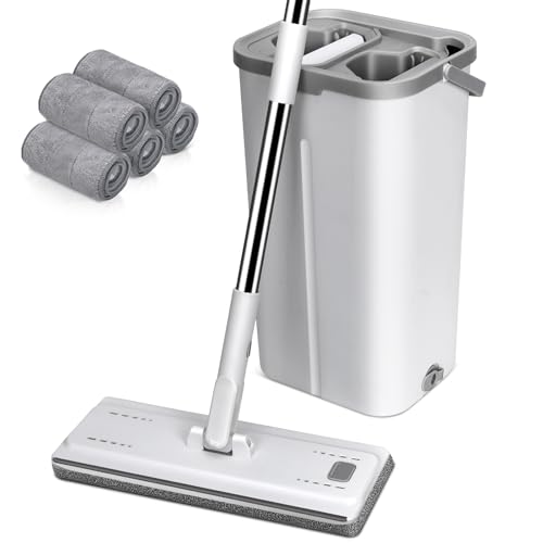 MASTERTOP Wischmopp Set mit Eimer, Flachmopp Bodenwischer mit 5 Mopp Pads und Langem Griff, 2 in 1 Putzeimer mit Wischmop, Mikrofaser Wischmopp mit Auswringfunktion für All Boden-Weiß von MASTERTOP