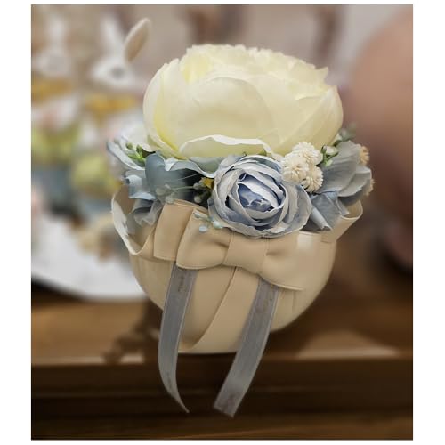 MATA Creazioni Pouf Mignon in Cotone Con ortensie artigianale, Made in Italy D10.5xH13 cm 5 varianti (1pz) Avorio/Celeste von MATA CREAZIONI