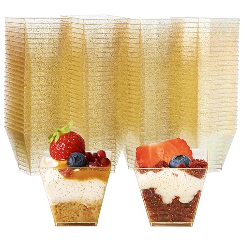 MATANA 100 Mini Plastik Dessertschalen, Dessertgläser mit Goldglitter für Partys, 60ml - Kleine Dessert Fingerfood Schalen, Gold Dessertbecher, Plastikbecher Nachspeise von MATANA