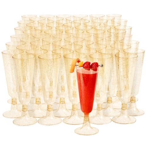 MATANA 100 Premium Elegante Sektgläser aus Kunststoff mit Goldglitter, 150ml - Plastik Champagnergläser Gold, Mehrweg Sektflöten, Cocktailgläser für Hochzeiten, Geburtstage, Partys von MATANA