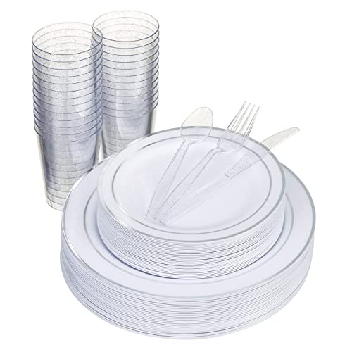 MATANA 150 Stück Mehrweg Partygeschirr Set in Weiß & Silber - Wiederverwendbar - 25 Plastikteller 25 Dessertteller 25 Löffel 25 Gabeln 25 Messer 25 Partybecher - Hochzeiten, Geburtstage, Partys von MATANA