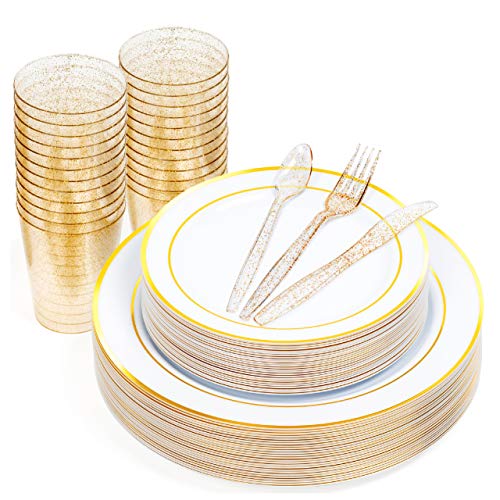 MATANA 150 Stück Mehrweg Partygeschirr Set in Weiß & Gold für 25 Gäste - 25 Plastikteller 25 Dessertteller 25 Löffel 25 Gabeln 25 Messer & 25 Partybecher - Hochzeiten, Geburtstage & Partys von MATANA