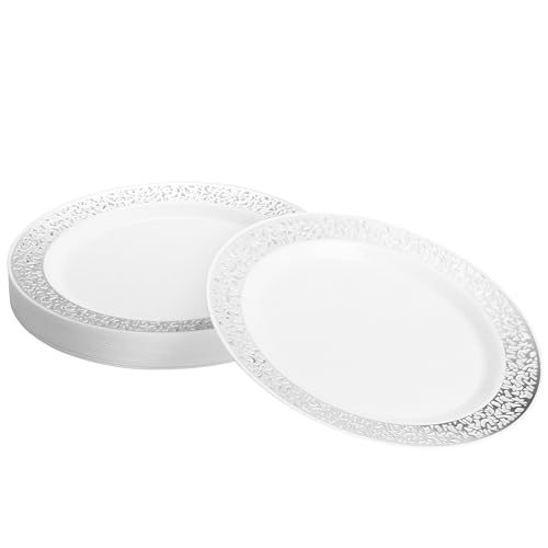 MATANA 20 Premium Weiße Dessertteller aus Plastik mit Silberrand, 19 cm - Elegant, Stabil & Mehrweg - Kleine Teller für Hochzeiten, Geburtstage, Taufen, Grillabende, Weihnachten, Partys von MATANA