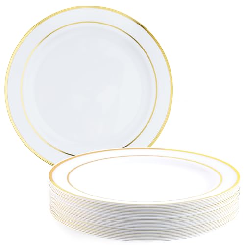 MATANA 25 Premium Weiße Plastikteller mit Goldrand, Mehrweg Kunststoffteller, 26cm - Partyteller Gold für Hochzeiten, Geburtstage, Partys - Elegantes & Stabiles Partygeschirr von MATANA