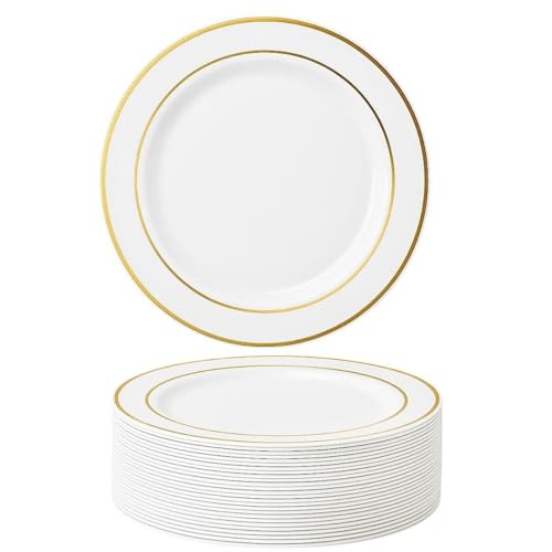 MATANA 25 Premium Weiße Plastikteller mit Goldrand, Mehrweg Kunststoffteller, 26cm - Partyteller Gold für Hochzeiten, Geburtstage, Partys - Elegantes & Stabiles Partygeschirr von MATANA