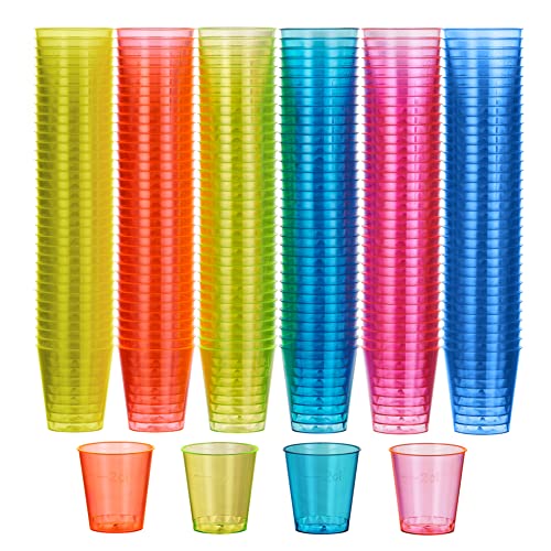 MATANA 300 Bunte Schnapsgläser aus Plastik, 3cl - Pinnchen Kunststoff, Neon Shotgläser, Shot Becher, Schnapsbecher, Plastikbecher - Party Zubehör - Stabil & Mehrweg von MATANA