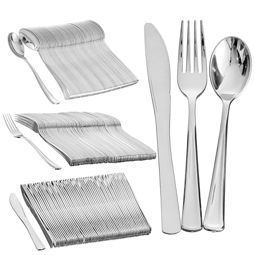 MATANA 360 Elegantes Wiederverwendbares Silbernes Plastikbesteck Set - 120 Messer, 120 Gabeln, 120 Löffel - Mehrweg & Stabiles Besteck für Hochzeiten, Geburtstage, Partys & Veranstaltungen von MATANA
