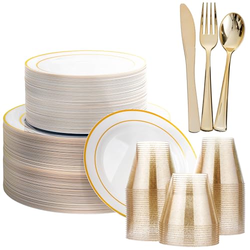 MATANA 360-teiliges wiederverwendbares Geschirrset für 60 Gäste – Weiß & Gold mit Esstellern, Desserttellern, 60 Bechern & 180-teiligem Besteck – Ideal für Hochzeiten, Partys & Feiern von MATANA