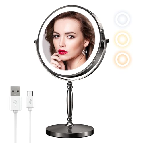 MATEPROX 8 Zoll Kosmetikspiegel mit Lichtern, Wiederaufladbarer Doppelseitiger 1X 10X Vergrößerungsspiegel, Beleuchteter Schminkspiegel mit 3 Farblichtern, Touchsensor-Dimmung-Schwarz von MATEPROX