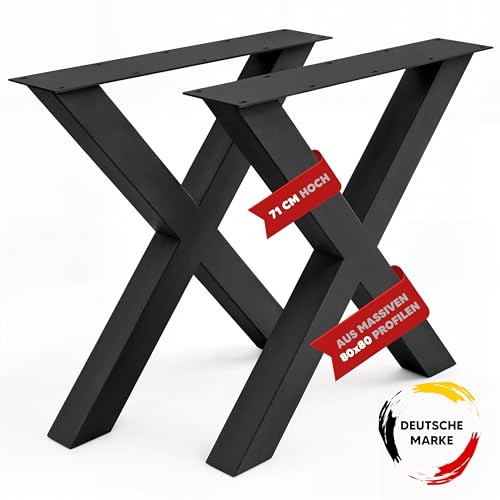 MATERIUM® 2x Tischbeine Metall Schwarz X-Form - EXTRA stabil aus 80x80mm Profilen - Tischgestell, Tischkufen, Tischfüße 71x72 cm - für Esstisch oder Schreibtisch - 2 Stück (Schwarz, pulverbeschichtet) von MATERIUM